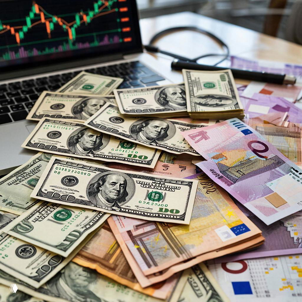 Купюры долларов и евро, разбросанные на столе рядом с ноутбуком, на экране которого виден биржевой график — иллюстрация валютного рынка и анализа курса доллара.