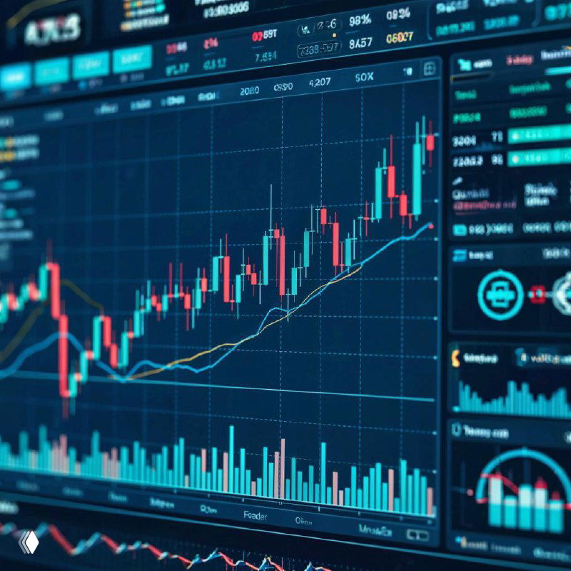 Экран торговой платформы с графиком японских свечей, линиями скользящих средних и гистограммой объёмов — иллюстрация анализа рынка и индикаторов для трейдеров.