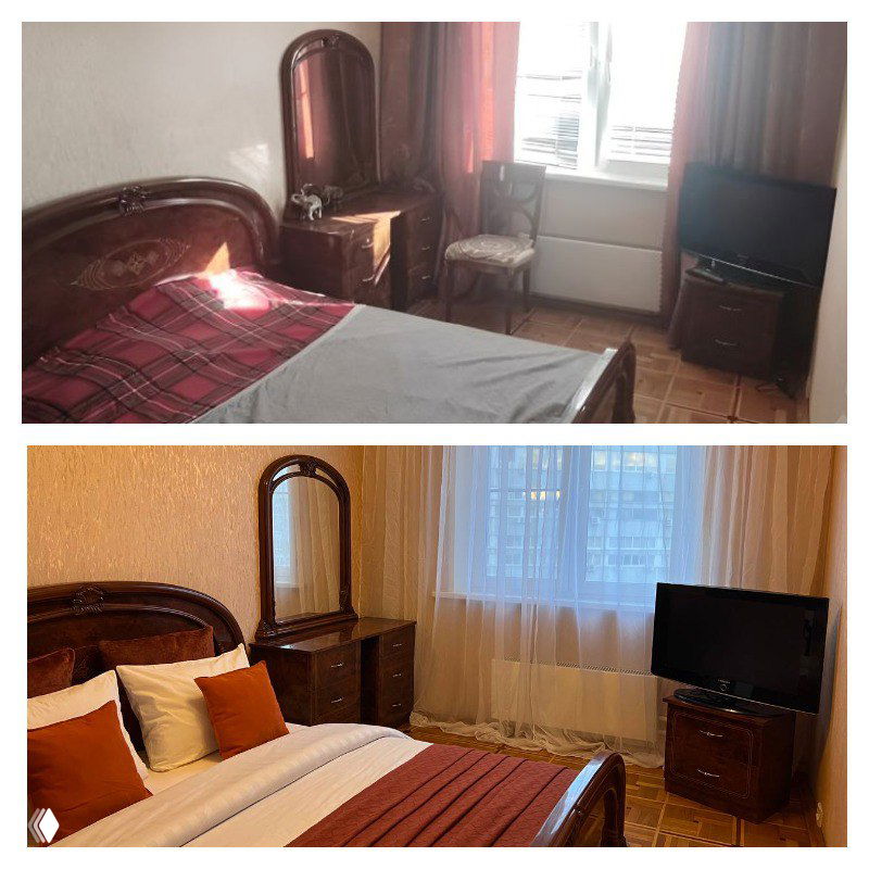 Коллаж до/после: в верхней части старая мебель и неаккуратный вид, в нижней — обновлённая кровать с подушками и более привлекательный интерьер для продажи.