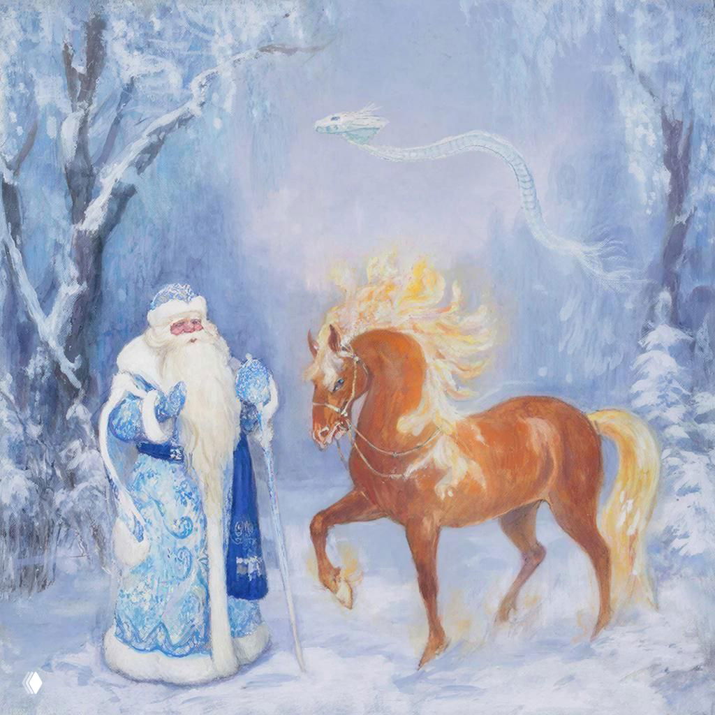 Живописная зимняя сцена: Дед Мороз в голубой шубе в заснеженном лесу рядом с рыжим конём, грива которого словно пылает — метафора тепла и силы.