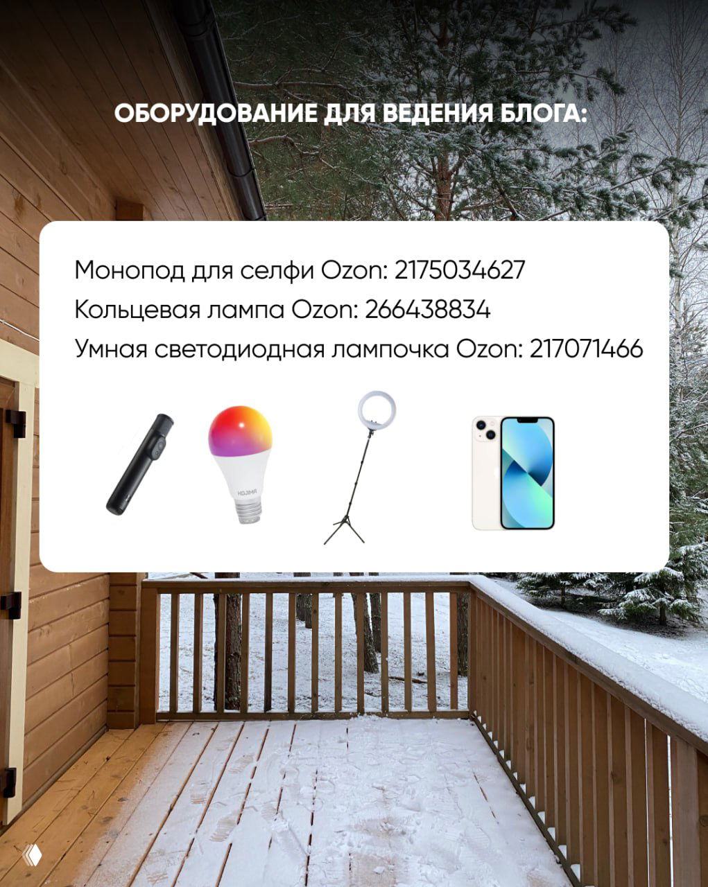 Слайд с рекомендациями по оборудованию для блога: монопод для селфи, кольцевая лампа, умная светодиодная лампочка и смартфон — на фоне зимнего балкона со снегом.