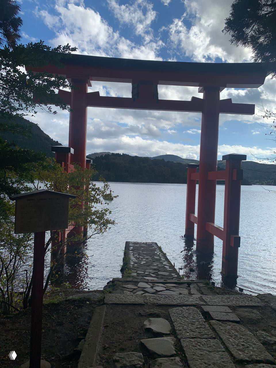 Тории у озера в Хаконэ: красные ворота на воде, спокойная гладь озера и горы на фоне под облачным небом, отражение и береговая тропа.