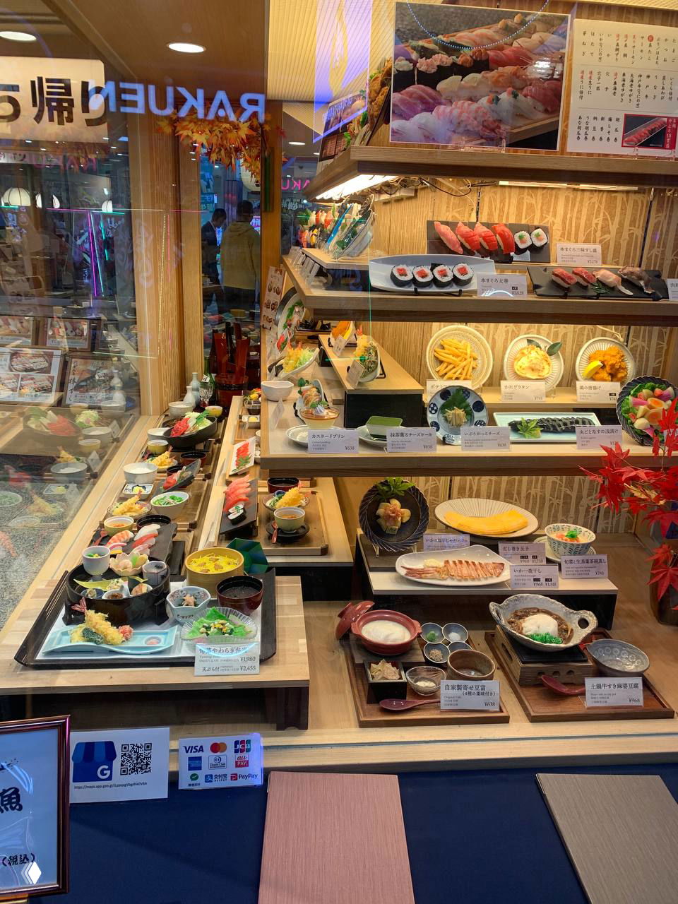 Витрина японского ресторана в Осаке с образцами блюд и суши на полках, демонстрирующая визуальный маркетинг для привлечения посетителей и повышение среднего чека.