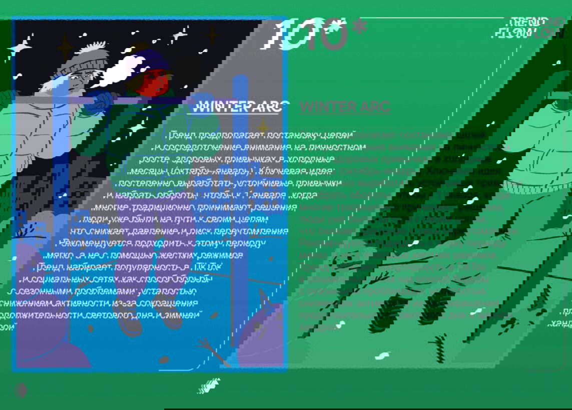 Иллюстрация: человек на улице зимой делает подтягивания, фон — городской пейзаж и снег; визуал к тренду Winter Arc и фокусу на привычках в холодные месяцы.