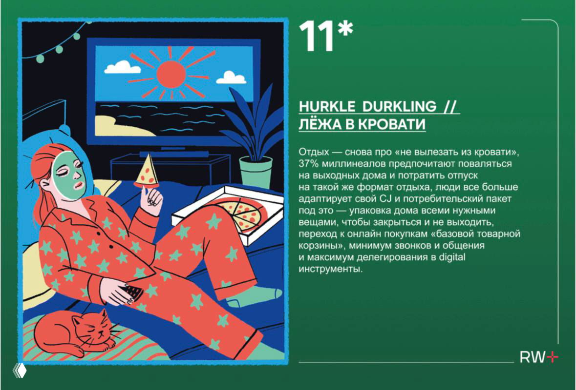 Иллюстрация: человек в пижаме с маской для лица, пиццей и удалённой обстановкой — образ тренда «лёжа в кровати», домашнего восстановления и слип‑максинга.