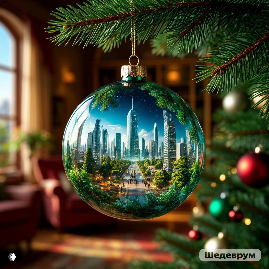 Ёлочный шар с миниатюрным футуристическим городом внутри — небоскрёбы и зелёная аллея, на фоне украшенной ёлки и уютной гостиной.