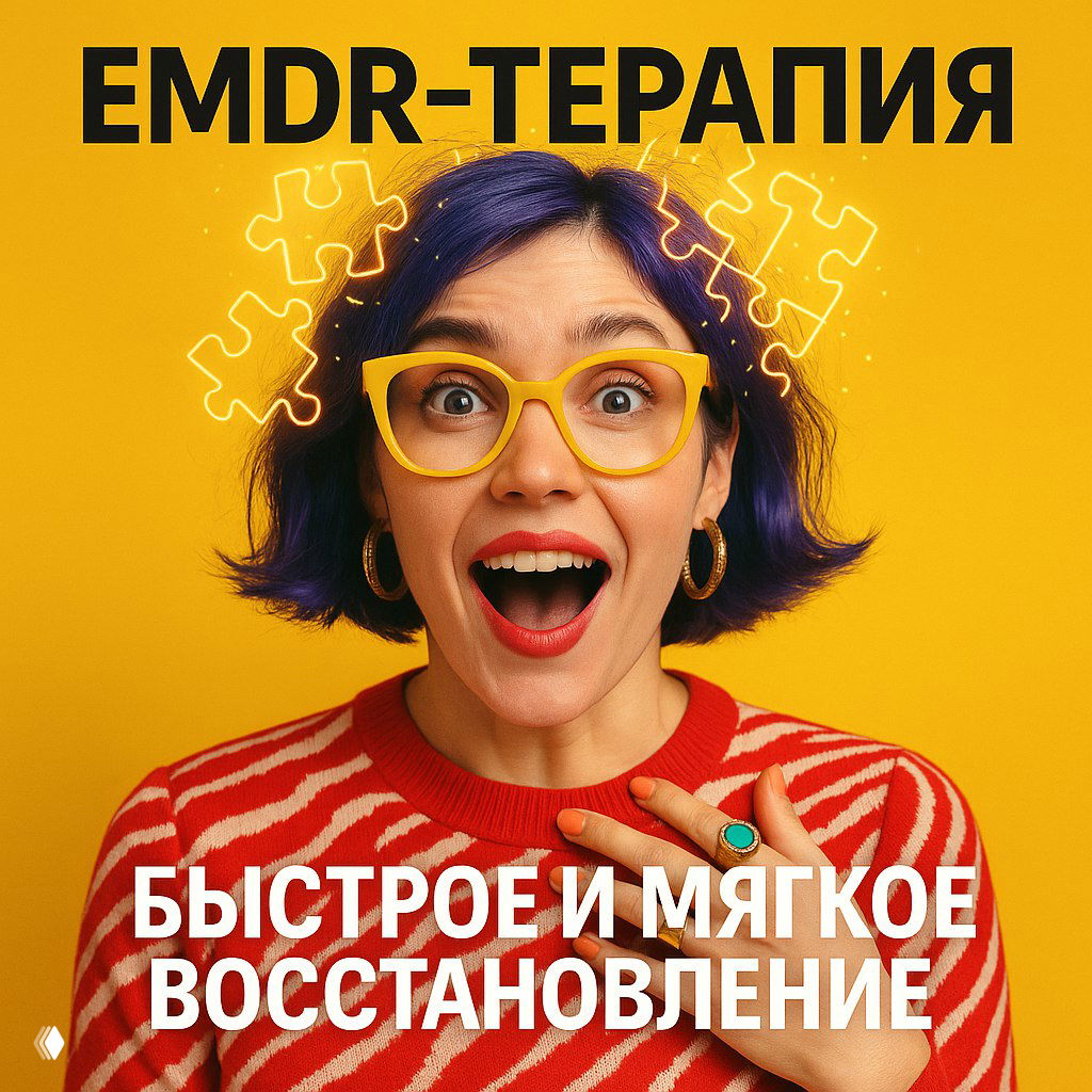 Яркий портрет улыбающейся женщины в жёлтых очках на жёлтом фоне с графикой пазла и надписью «EMDR‑терапия»