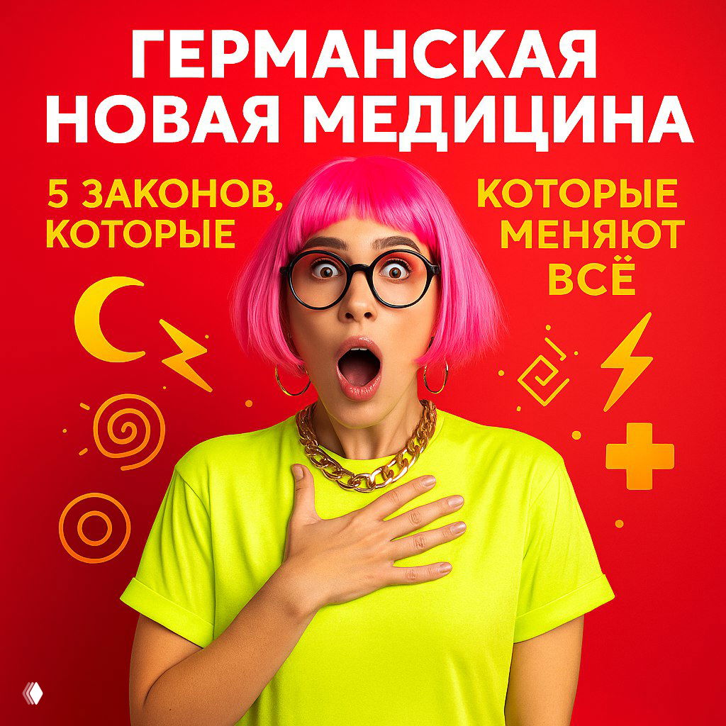 Женщина в розовом парике и очках на красном фоне; удивлённое выражение лица и крупная надпись «Германская новая медицина».