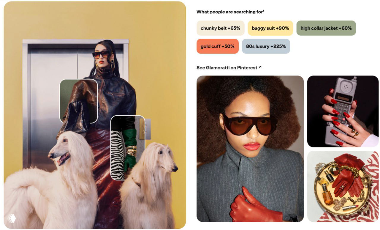 Фотоколлаж Glamoratti: ретро‑гламур, широкие силуэты, массивные ремни и акцент на роскошь в духе 80‑х с сильными аксессуарами.