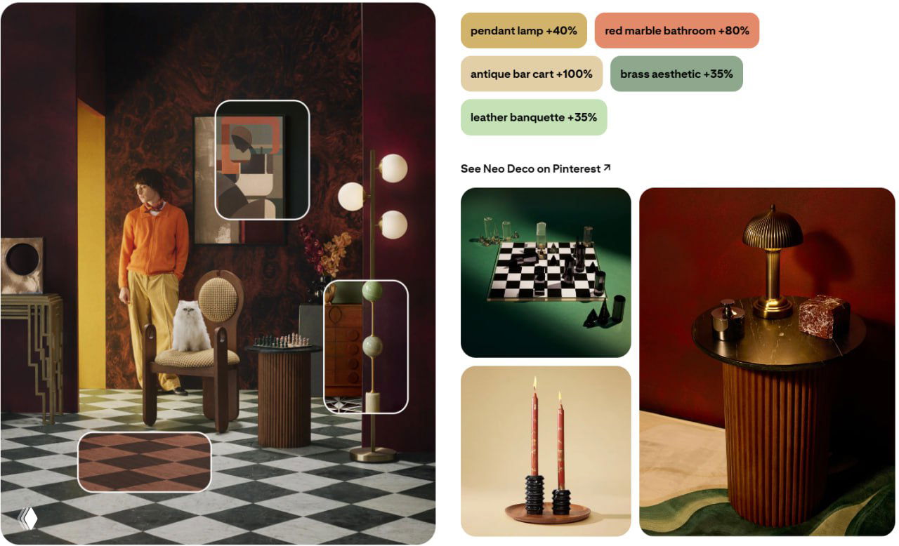 Интерьерный коллаж Neo Deco: ар-деко мотивы, мрамор, латунь и складные геометрические формы в тёплой гамме с ретро‑мебелью.