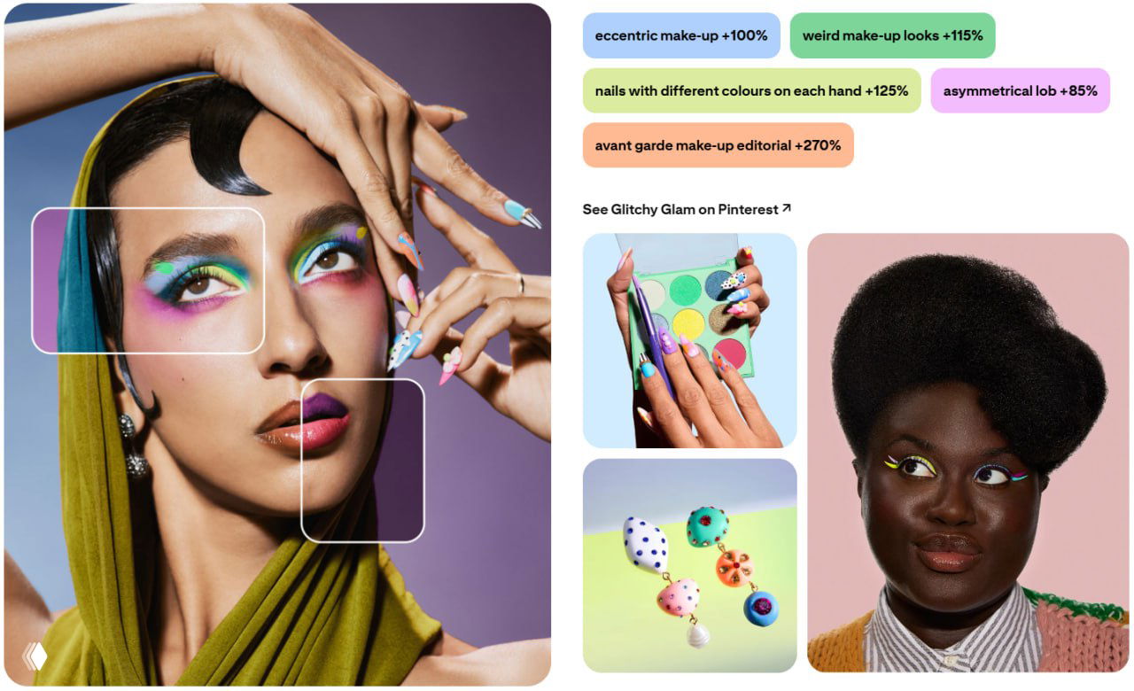 Яркий авангардный макияж и разноцветный маникюр в насыщенных неоновых тонах, коллаж Glitchy Glam с эксцентричными образами.