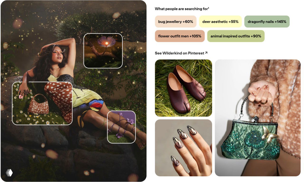Коллаж Wilderkind: природные мотивы в фэшн‑образах, украшения с насекомыми, цветочные и животные элементы в одежде и бижутерии.