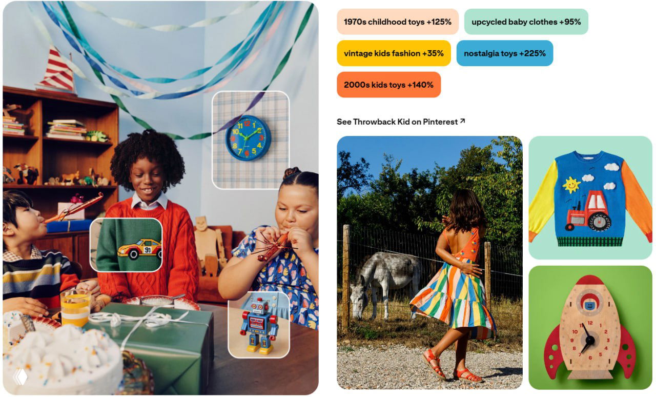 Коллаж Throwback Kid: ретро‑игрушки и детская мода из 1970‑2000‑х, вязанные вещи и ностальгические визуальные отсылки к детству.