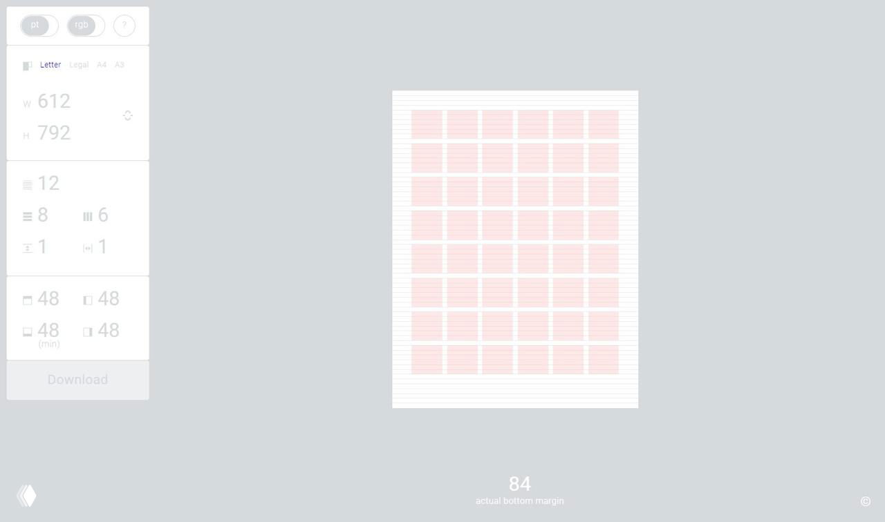 Интерфейс Gridder: превью модульной сетки по центру с розовыми блоками, слева панель настроек колонок, строк и отступов, экспорт в PDF.