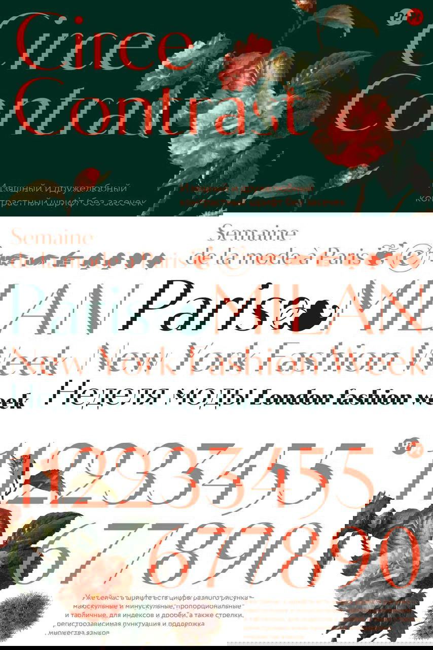 Образец гарнитуры Circe Contrast от Paratype: демонстрация букв, цифр и декоративных элементов на тёмном фоне с цветочными иллюстрациями и наборами цифр.