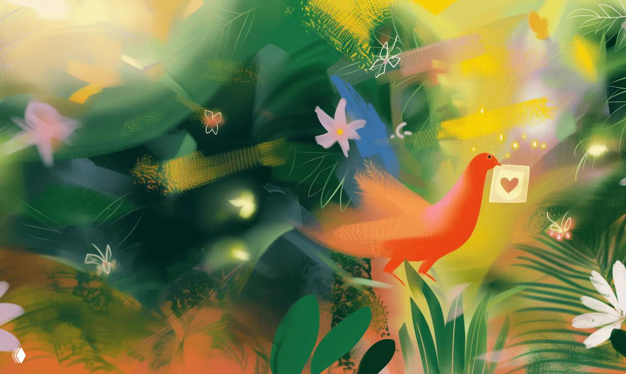 Живописная 2D-сцена: птица держит письмецо с сердечком на фоне густой зелёной растительности и цветочных мазков.