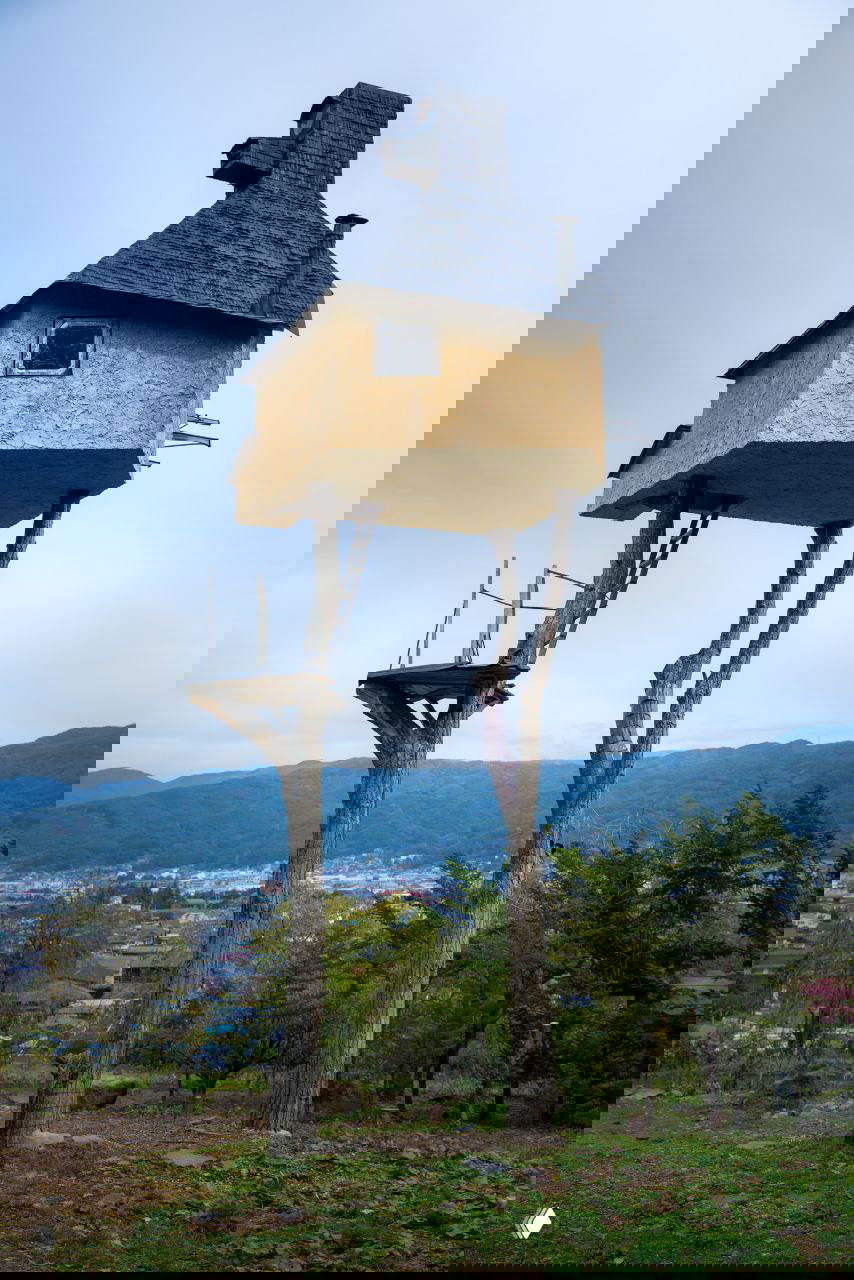 Чайный домик, установленный на нескольких тонких стволах; на фоне неба и долины виден простой фасад, лестница и дымоход.