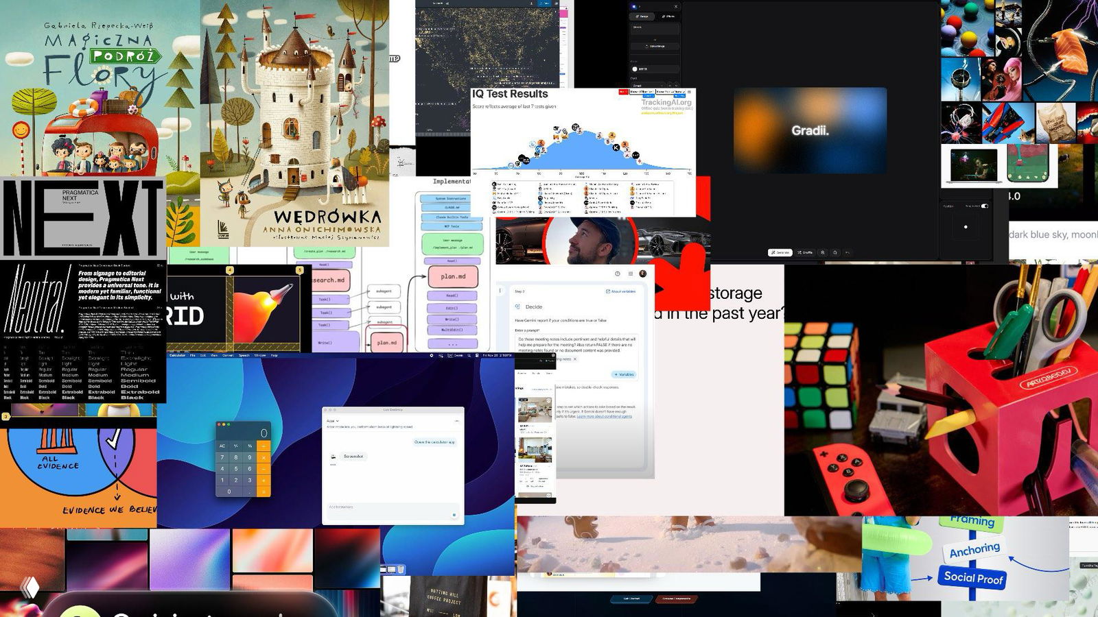 Коллаж-обложка Журналус №487: миниатюры и скриншоты из номера, отражающие темы дизайна, ИИ и когнитивных искажений.