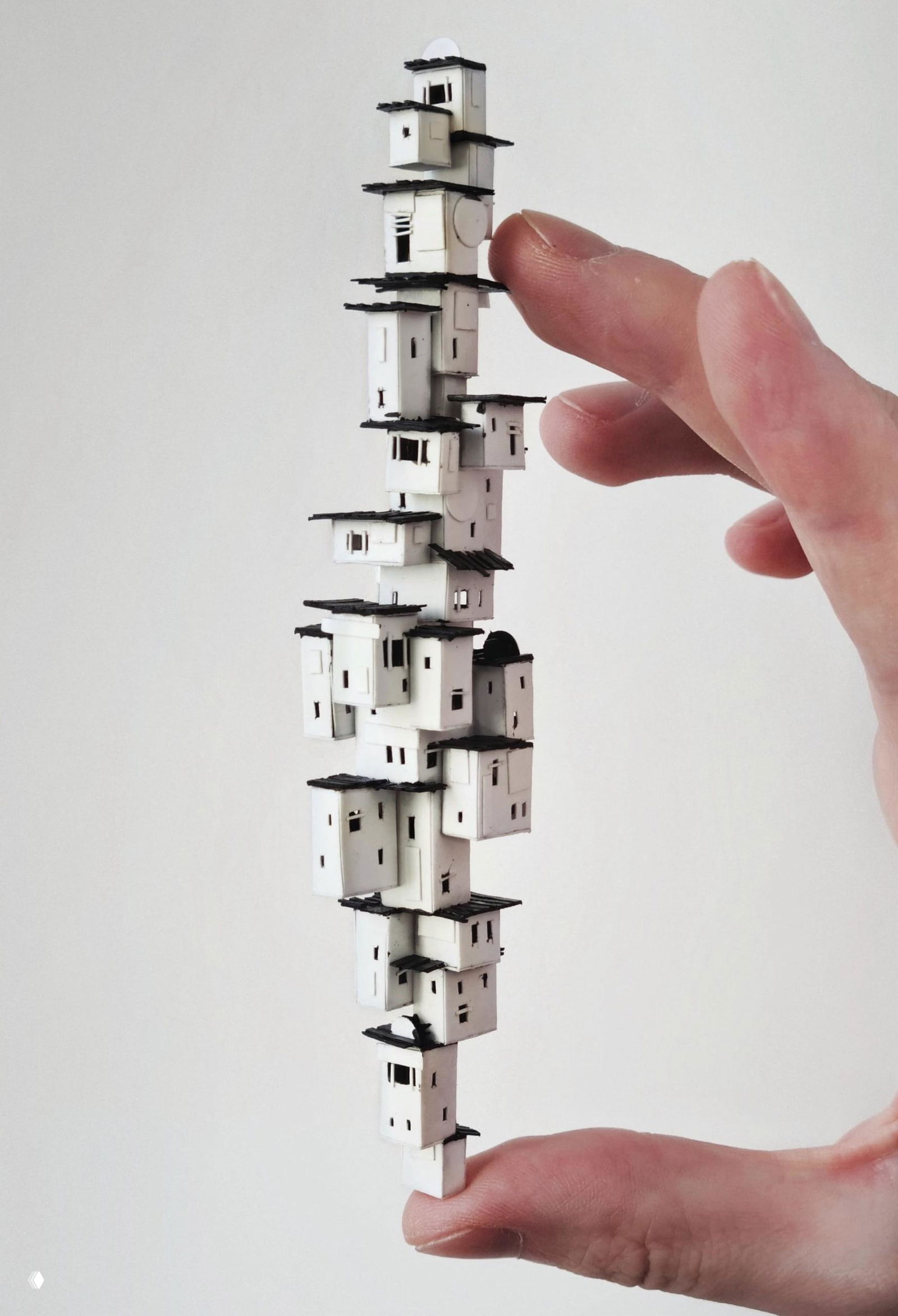 Миниатюрная композиция под стеклянным колпаком: скалистый кусок с множеством маленьких домиков и крошечными лесами, рука автора держит колпак.