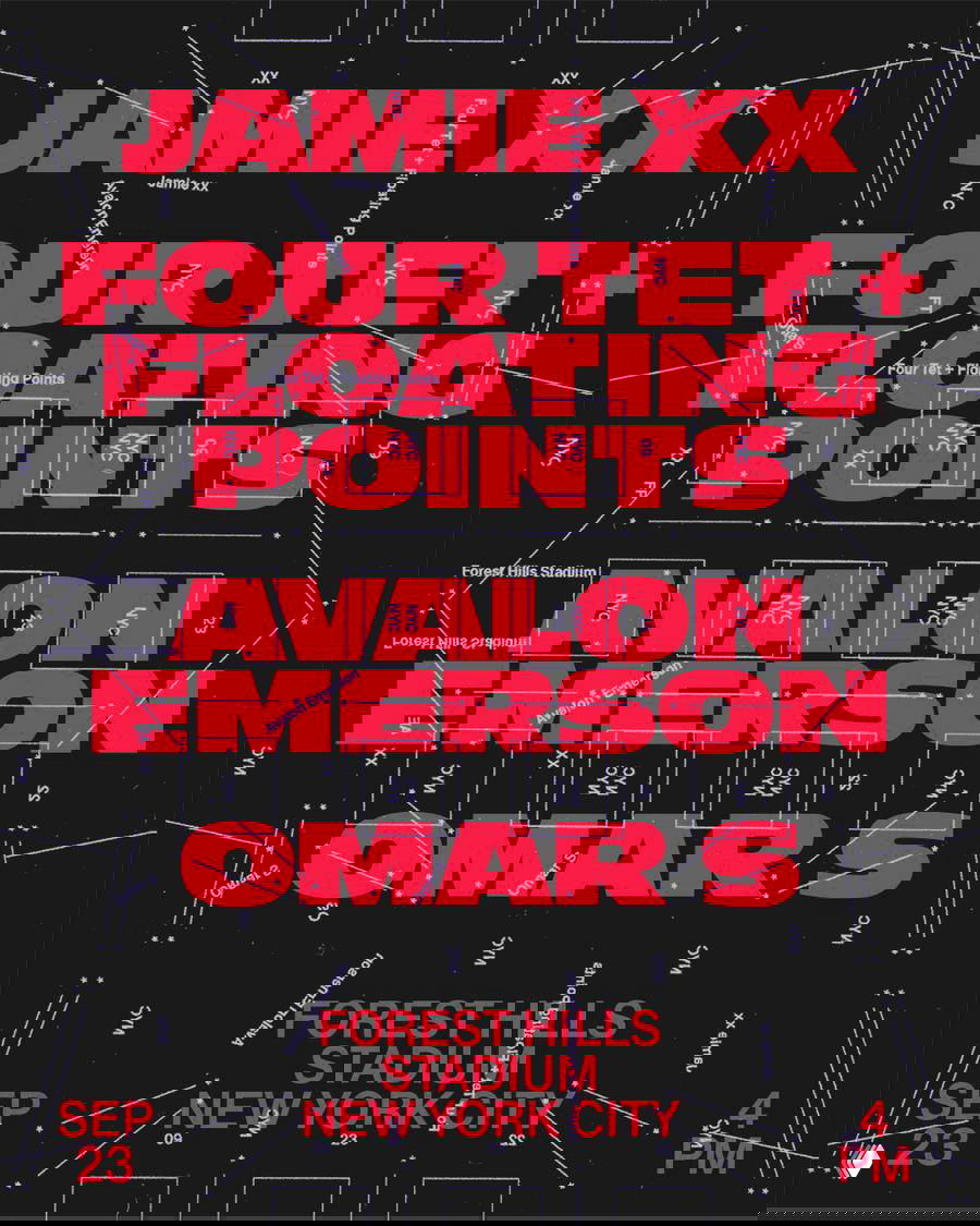 Постер с тёмным фоном и крупной красной типографикой, наложенными графическими схемами и указанием площадки Forest Hills — концертная афиша.