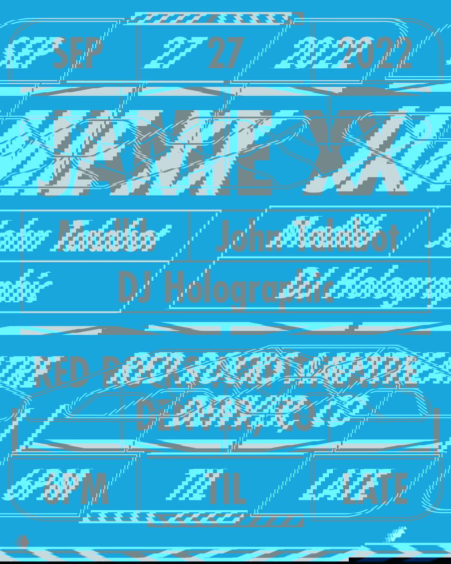 Бирюзовый постер с белой крупной типографикой 'JAMIE XX', декоративными линиями и блоками с датой и местом проведения — яркая графическая композиция.