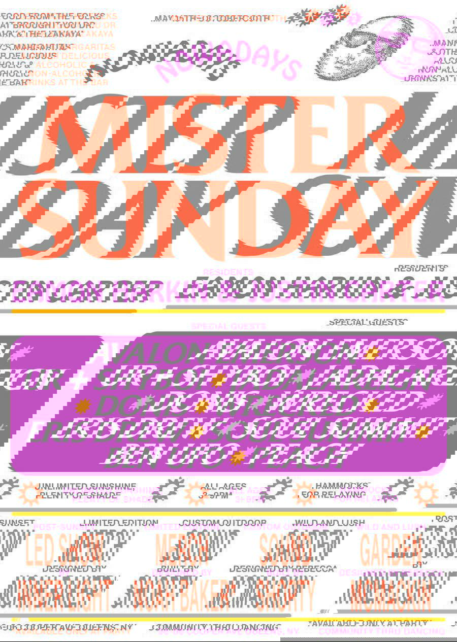 Светлый постер 'MISTER SUNDAY' с оранжевой крупной типографикой, фиолетовыми акцентами и списком артистов — винтажная и праздничная афишная эстетика.