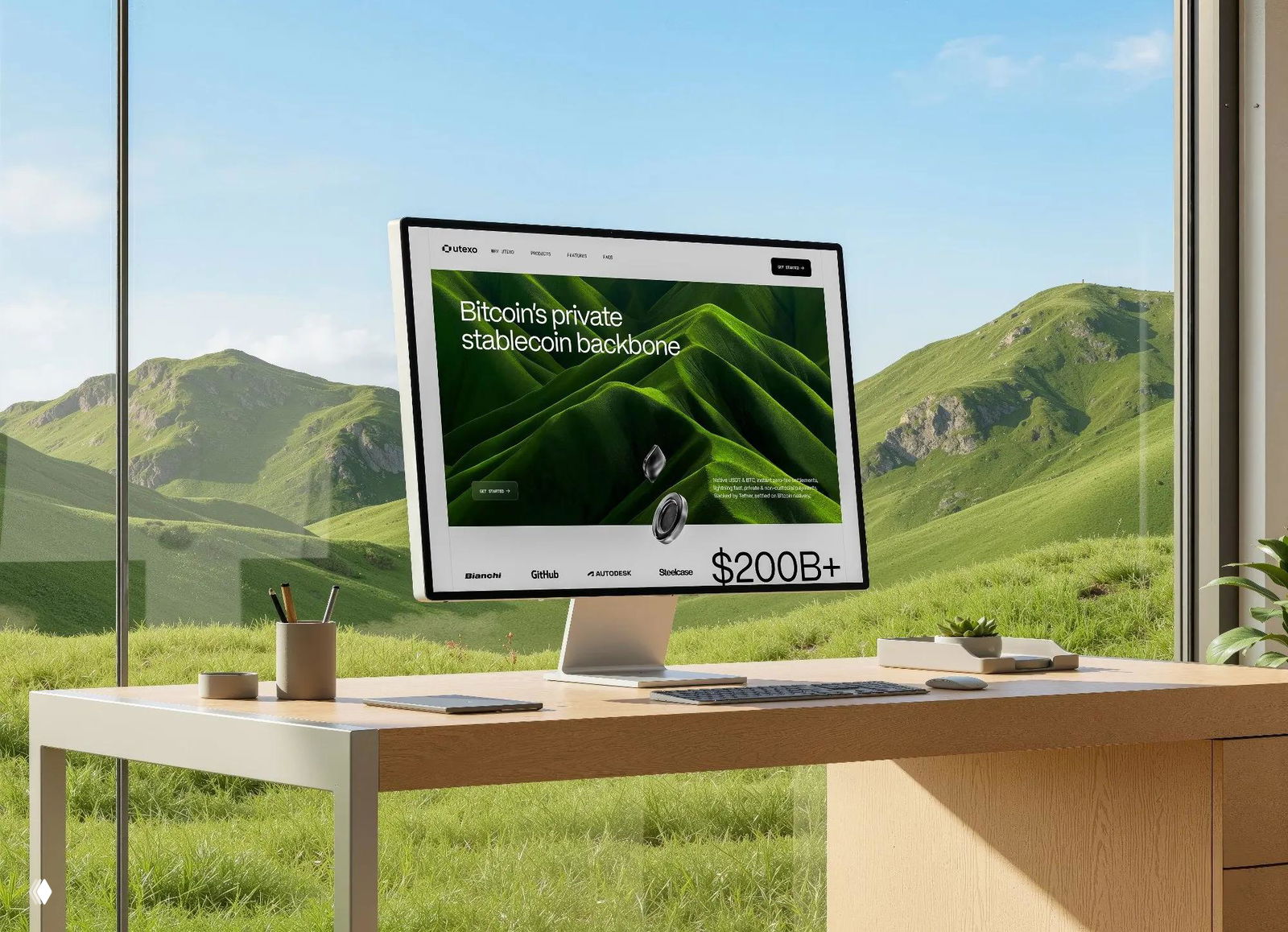 Монитор на деревянном столе у большого окна с видом на зелёные холмы; на экране сайт, на столе клавиатура, карандаши и минималистичные предметы.