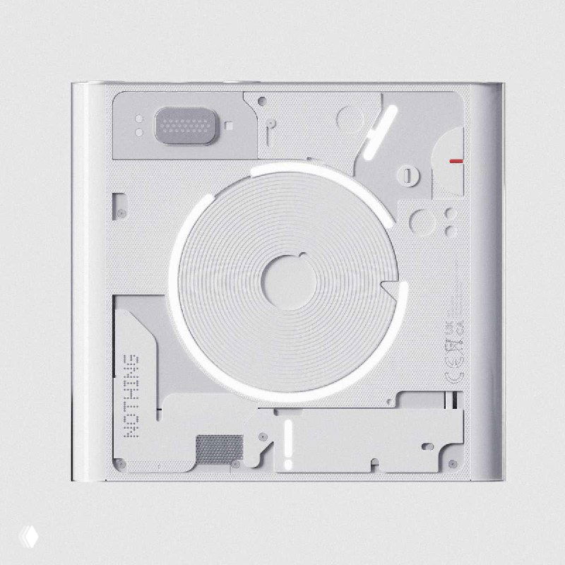 Крупный план верхней панели белого концепт‑плеера Nothing Npod с видимыми деталями механики, текстурой корпуса и круговой подсветкой.