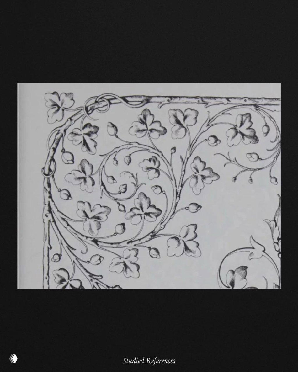 Чёрно‑белые детальные рисунки викторианских орнаментов и растительных завитков, исследования узоров для айдентики бренда Eternal Research.