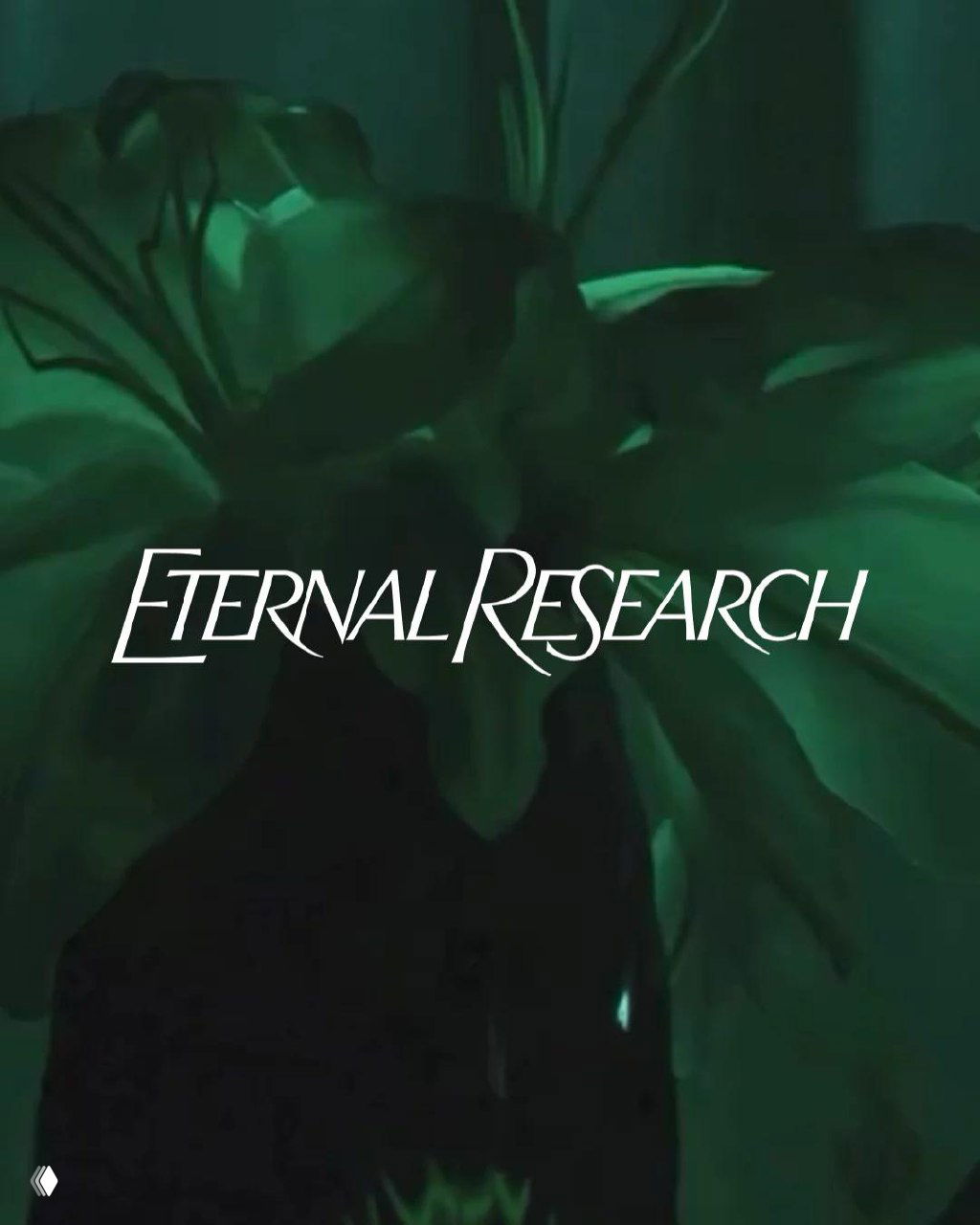 Глитчевое абстрактное изображение с зелёными и тёмными мазками и фрагментами текста «Eternal Research», стилизованная дизайнерская графика.