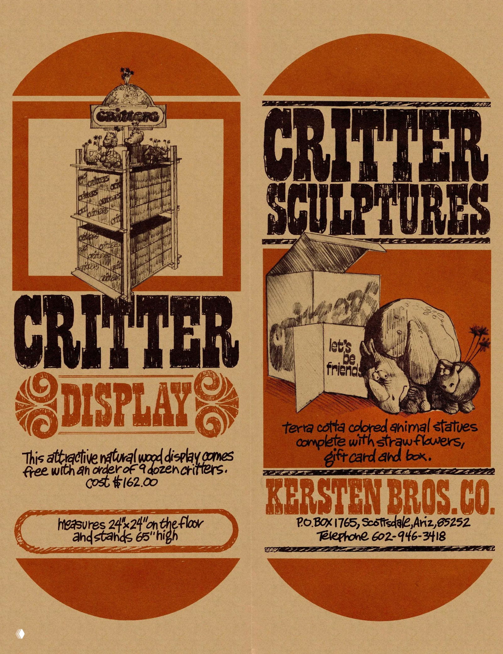 Винтажная рекламная развёртка в коричнево‑оранжевой гамме: заголовок «CRITTER», иллюстрации статуэток и декоративная типографика на текстурной бумаге.