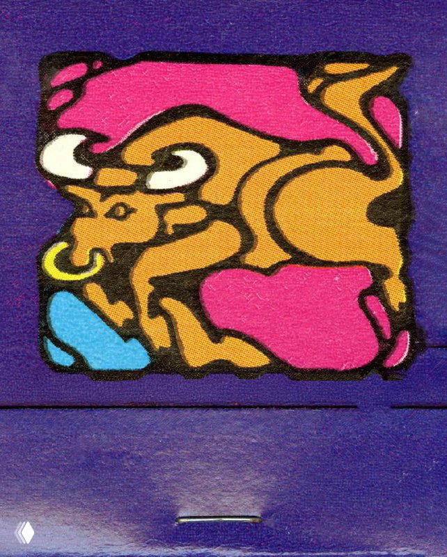 Яркая психоделическая иллюстрация быка в блоках розового, жёлтого и синего на фиолетовом фоне; видна зернистость скана и винтажная палитра.