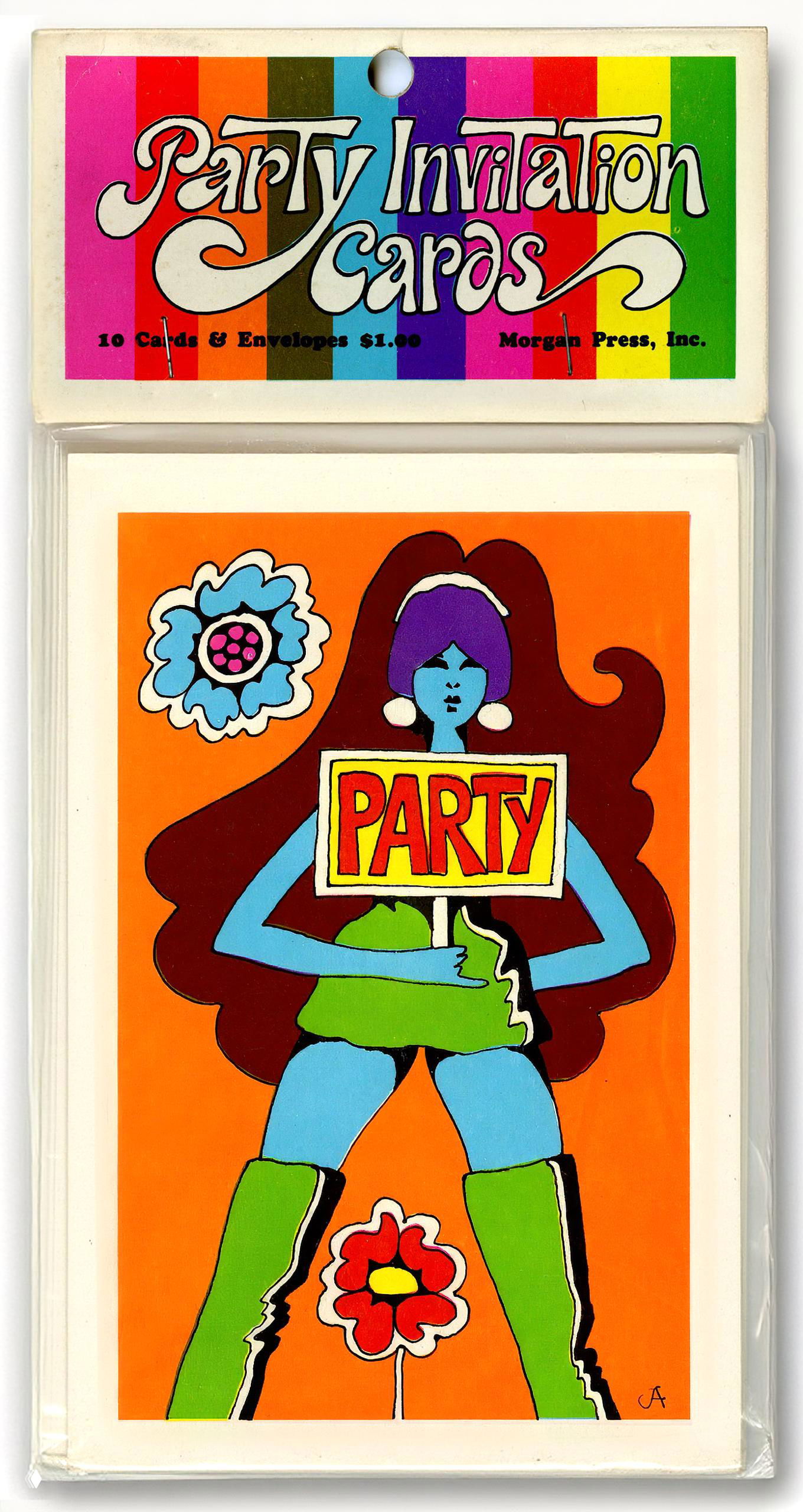 Упаковка набора открыток 60‑х с яркой иллюстрацией девушки и заголовком PARTY; контрастные цвета и чистая графическая компоновка.