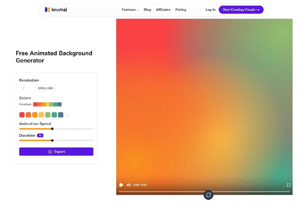 Интерфейс Backgrounds Generator: панель настройки меш‑градиентов, выбор палитр, ползунки длительности, кнопка экспорта в MP4.