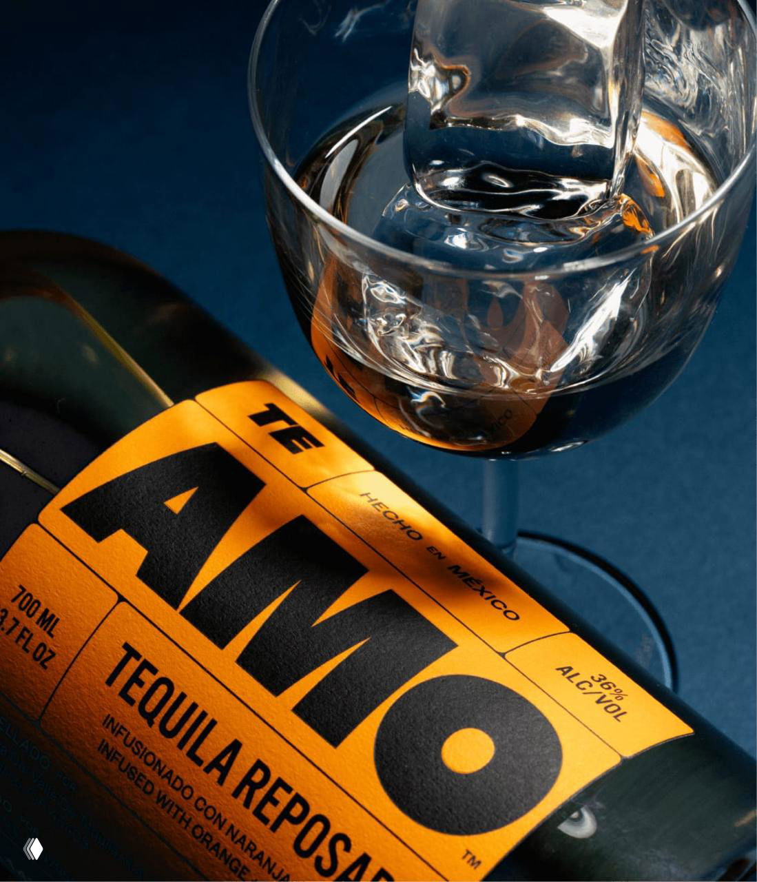 Крупный план бутылки и бокала с кубом льда рядом — оранжевая этикетка Amo в сочетании с отражениями и текстурами стекла