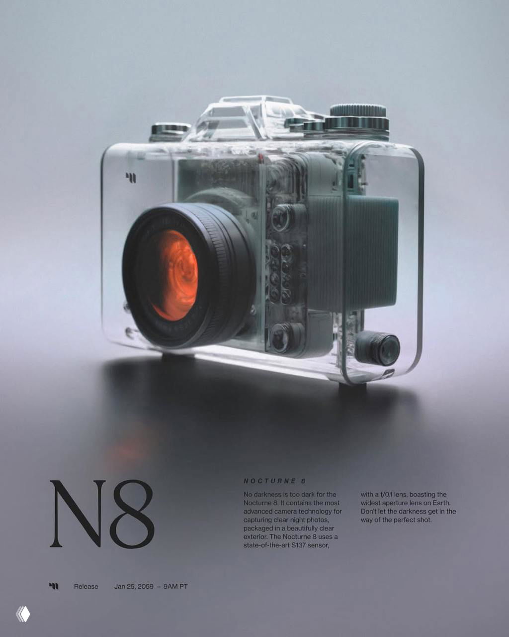 Реалистичный рендер прозрачной фотокамеры с крупным объективом и оранжевой подсветкой, видимыми деталями корпуса и текстурами, выполненный в ретро‑футуристичном стиле.