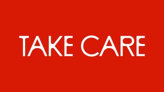 Красный фон с надписью TAKE CARE в геометрической гарнитуре — элемент визуальной системы и эмоционального акцента бренда.