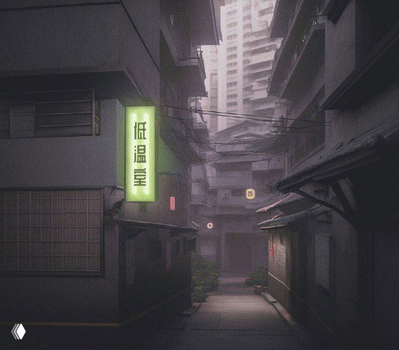 Тёмная узкая аллея в стиле неон-ноар: многоэтажные здания, висящие провода, неоновые вывески с восточной типографикой, мягкий туман и приглушённая цветовая гамма.
