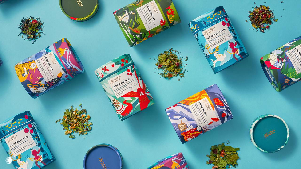 Иллюстрированное оформление этнических чаев «Азбука Вкуса»