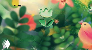 Иллюстрация из кейса Flowwow: густая зелёная растительность, стилизованный тюльпан-логотип и маленькая птица в яркой палитре.