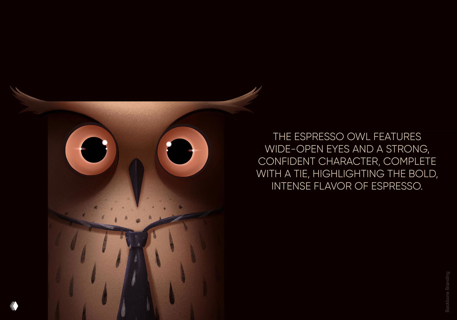 Тёмный слайд-презентация с крупной мордой иллюстрированной совы и текстовым описанием характера вкуса espresso, оформленный как бренд-презентация.