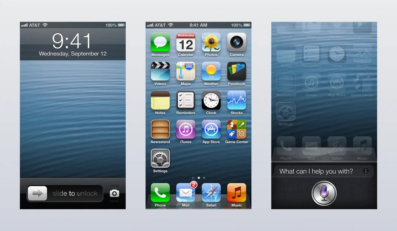 Три скриншота интерфейса iPhone в стиле iOS 6: экран блокировки, рабочий стол с иконками и окно Siri с микрофоном.