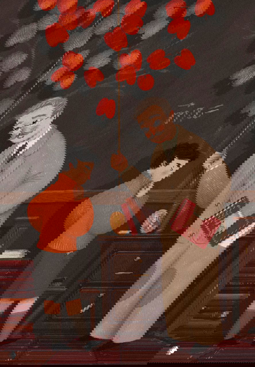 Иллюстрация учителя и школьника в тёплой коричневой гамме: кабинет, книги и мягкий свет, авторская ручная отрисовка с текстурой кисти.