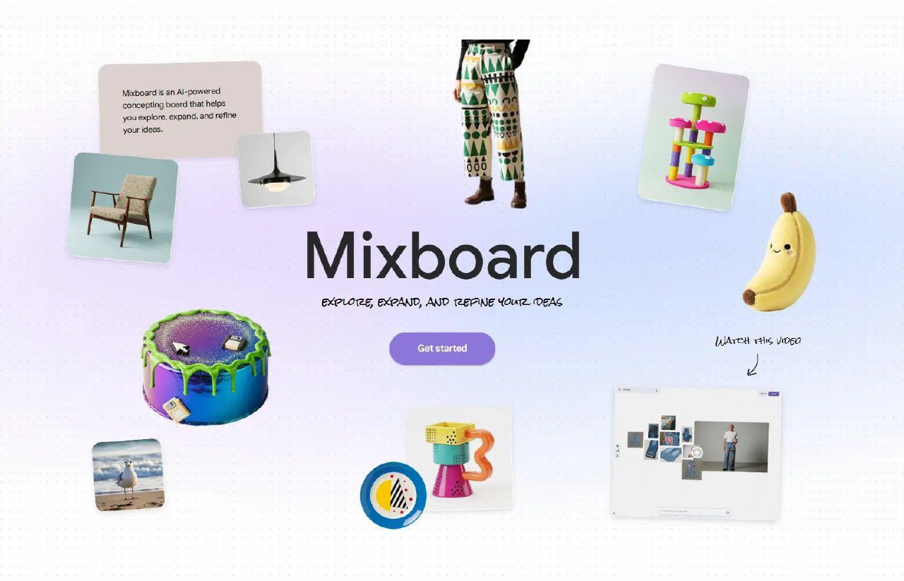 Промо-изображение Mixboard: заголовок на пастельном фоне, карточки с предметами, макет холста и визуальные примеры идей.