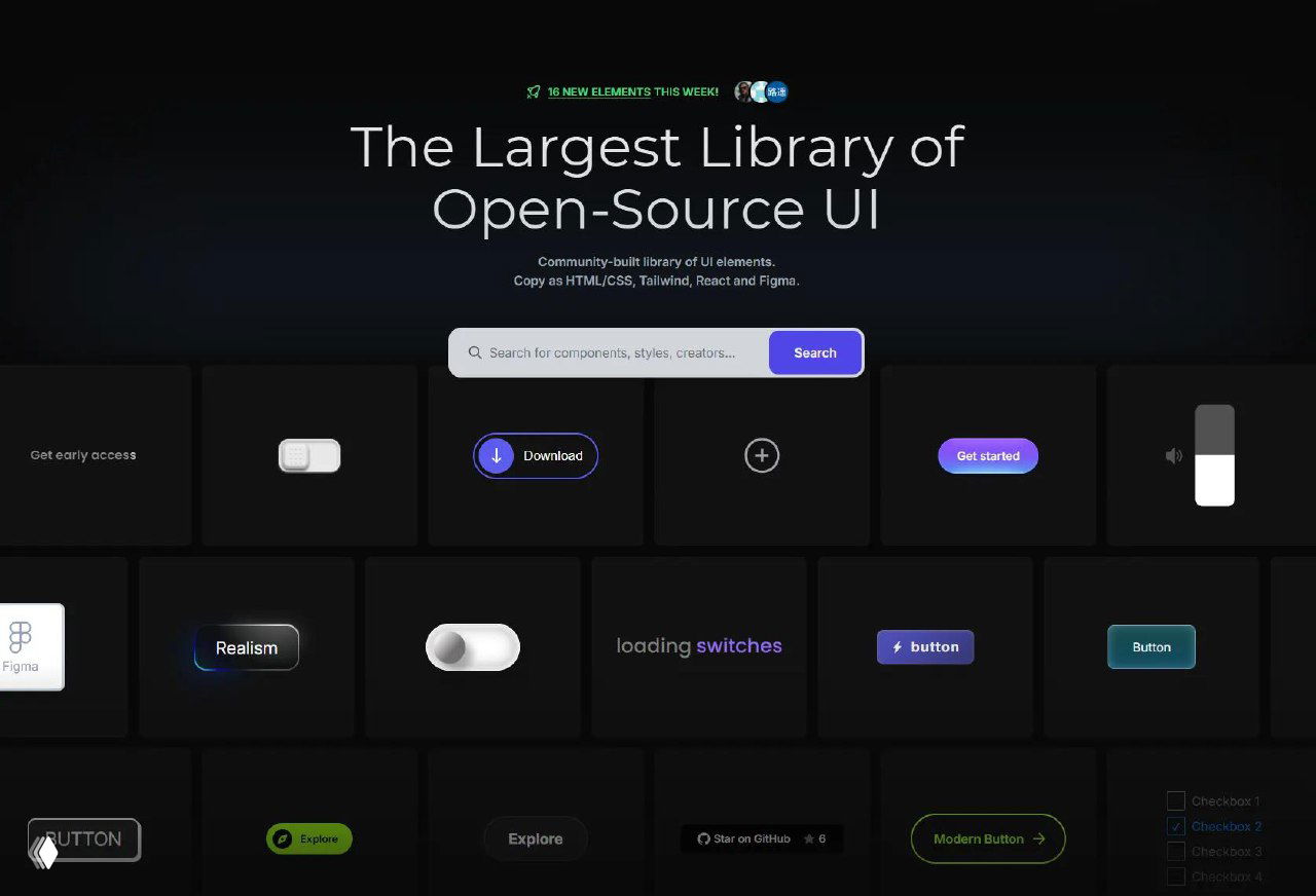Скриншот главной страницы Uiverse: тёмный интерфейс с крупным заголовком, поиском и сеткой карточек с UI-компонентами.