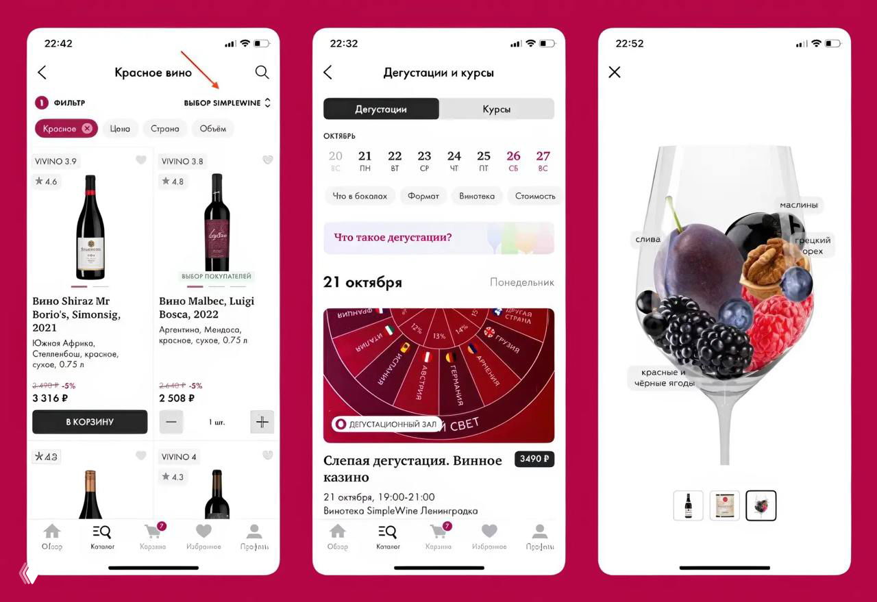 Скриншоты интерфейса SimpleWine: каталог вин с карточками, раздел дегустаций и визуализация вкусов в бокале.