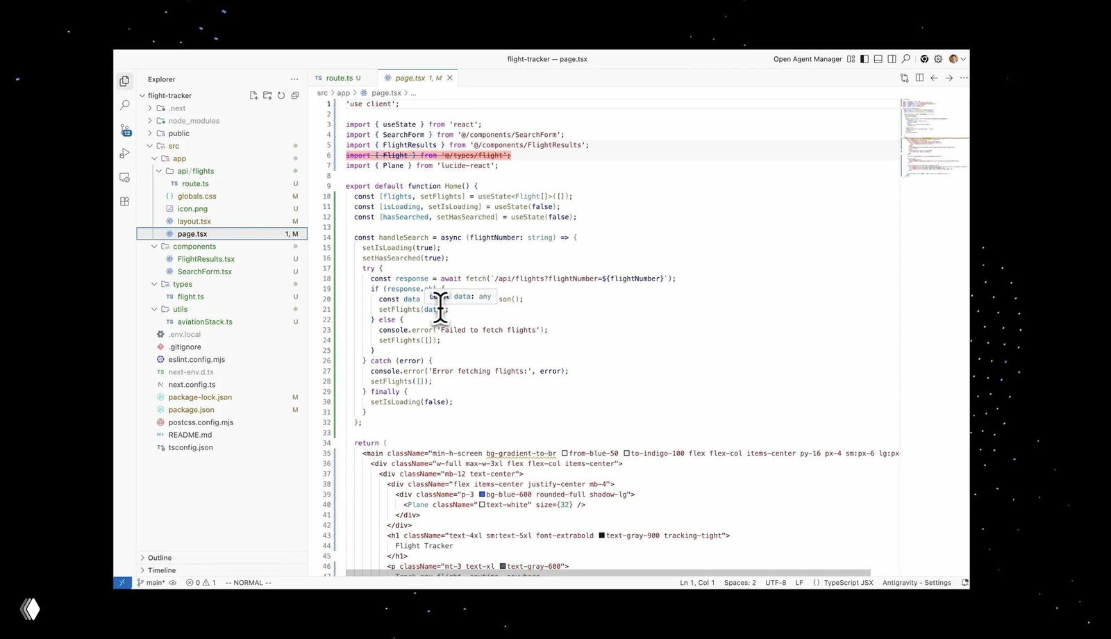 Скриншот интерфейса Google Antigravity: редактор кода с деревом файлов слева и TypeScript‑кодом в центре, миниатюра справа на тёмном фоне.