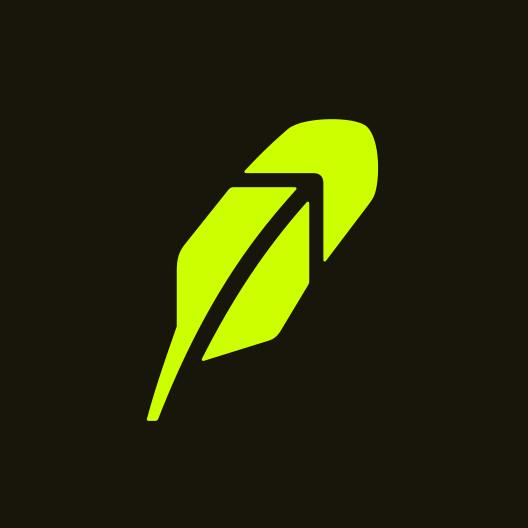 Крупный план неонового салатового логотипа Robinhood в виде пера на тёмном фоне; минималистичный фирменный знак и контрастный акцент визуала.