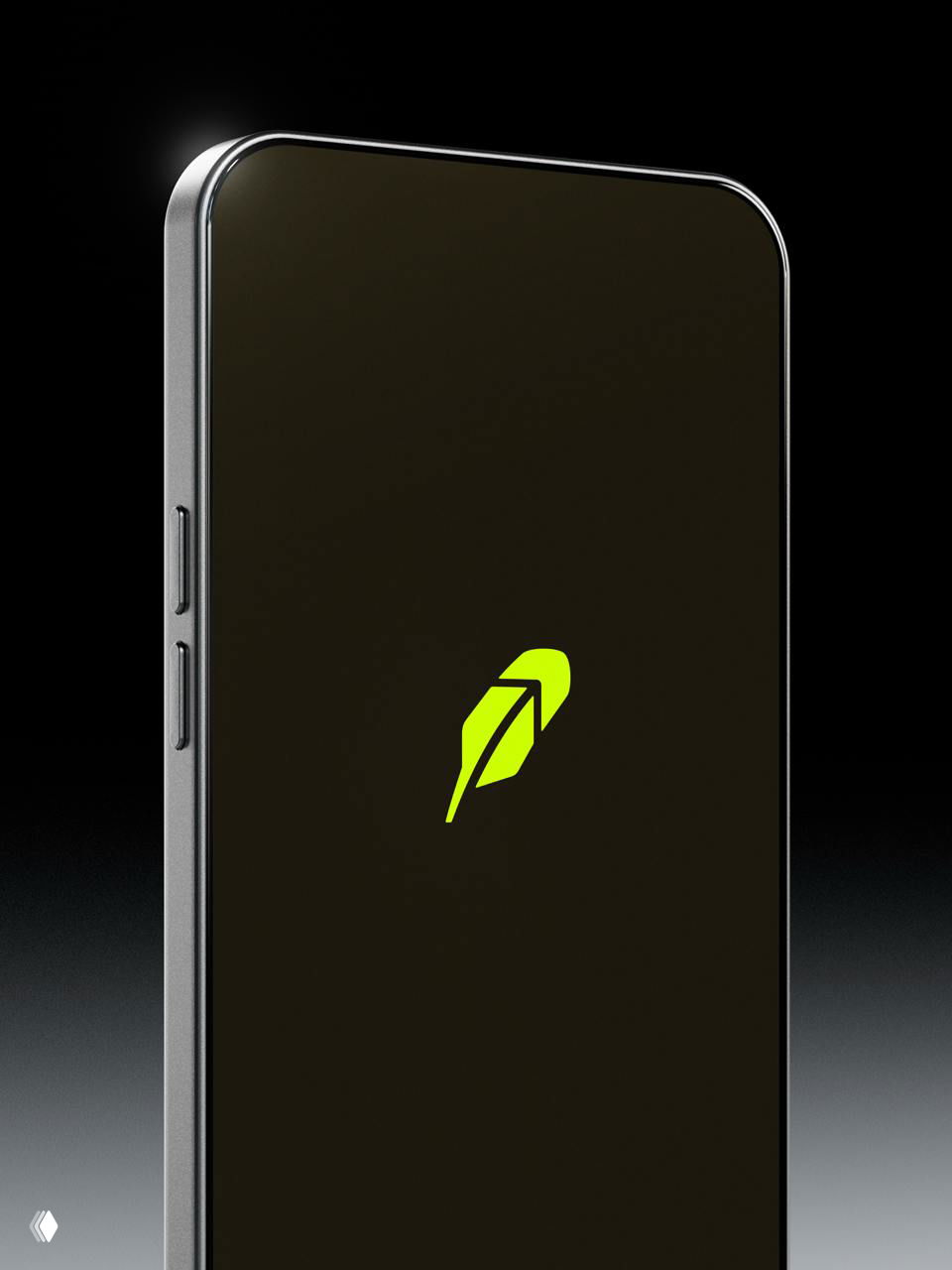 Рендер смартфона с чёрным экраном и неоновым салатовым логотипом Robinhood в центре; мокап приложения на минималистичном фоне.