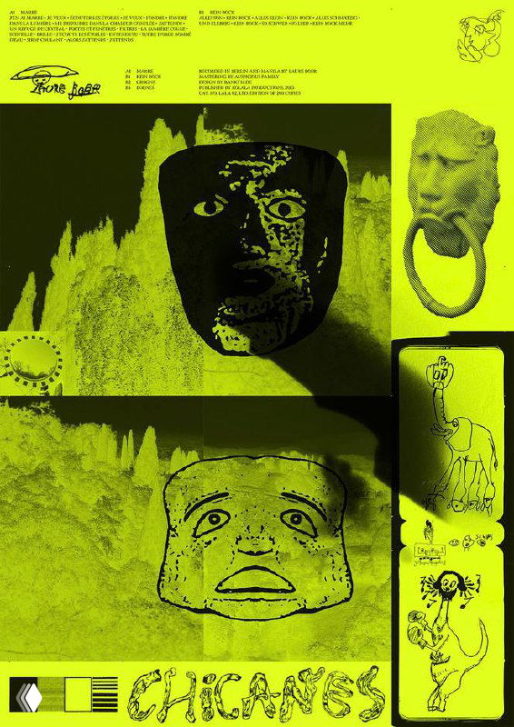 Постер Bank: ярко‑жёлто‑зелёный фон, коллажные рисунки и линейные наброски с пикселизированными искажениями — экспериментальная графика.